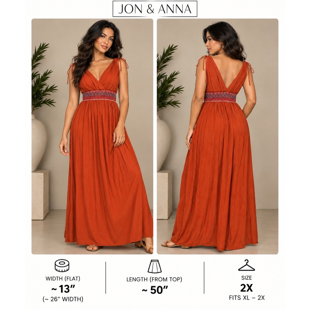Jon & Anna Burnt Orange Embroidered Smocked Waist Maxi Dress Size 2X Boho Flowy